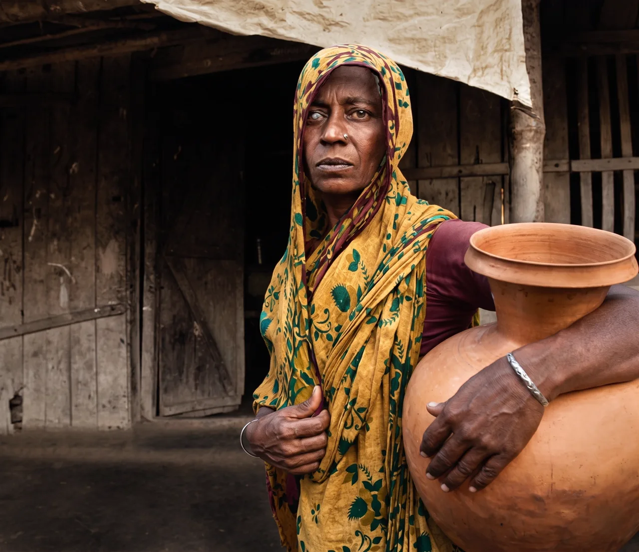 Woman holding a water vessel outside a home
