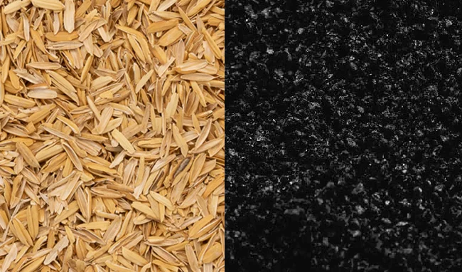 Rice husk and dark carbon material shown side by side